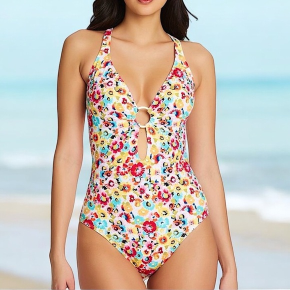 Bleu Rod Beattie Flower Hour Plunge One Piece - Picture 1 of 16
